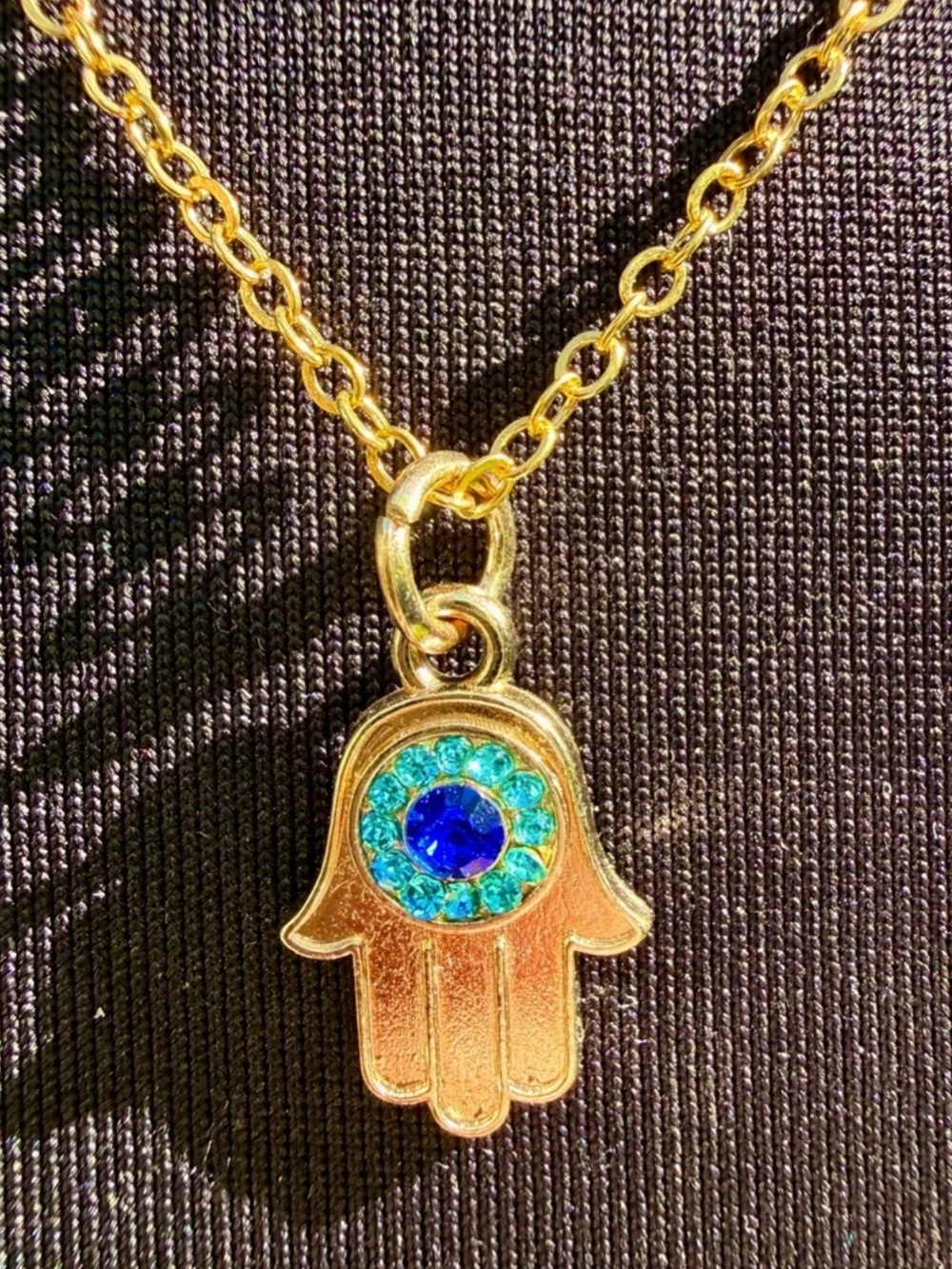 Handmade Gold Hamsa Hand Necklace with Sparkly Blue Turquoise Crystal Accents